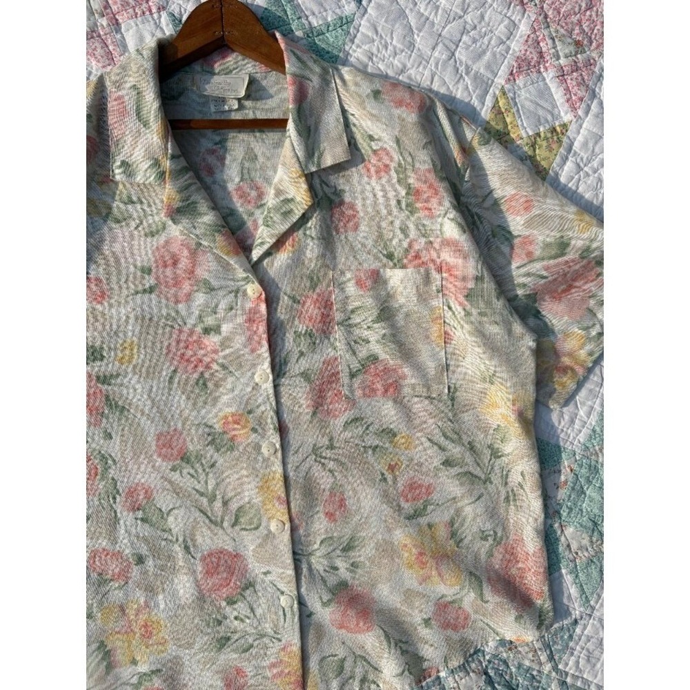 Vintage Flax Blend Floral Blouse Top 22 Plus Size Cottagecore Coastal Dainty